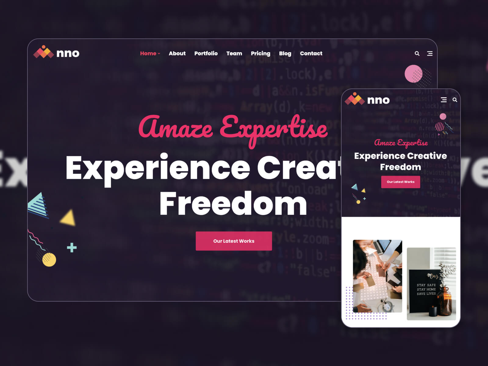 Collage of Anno premium one page WordPress-theme in violet color scheme 