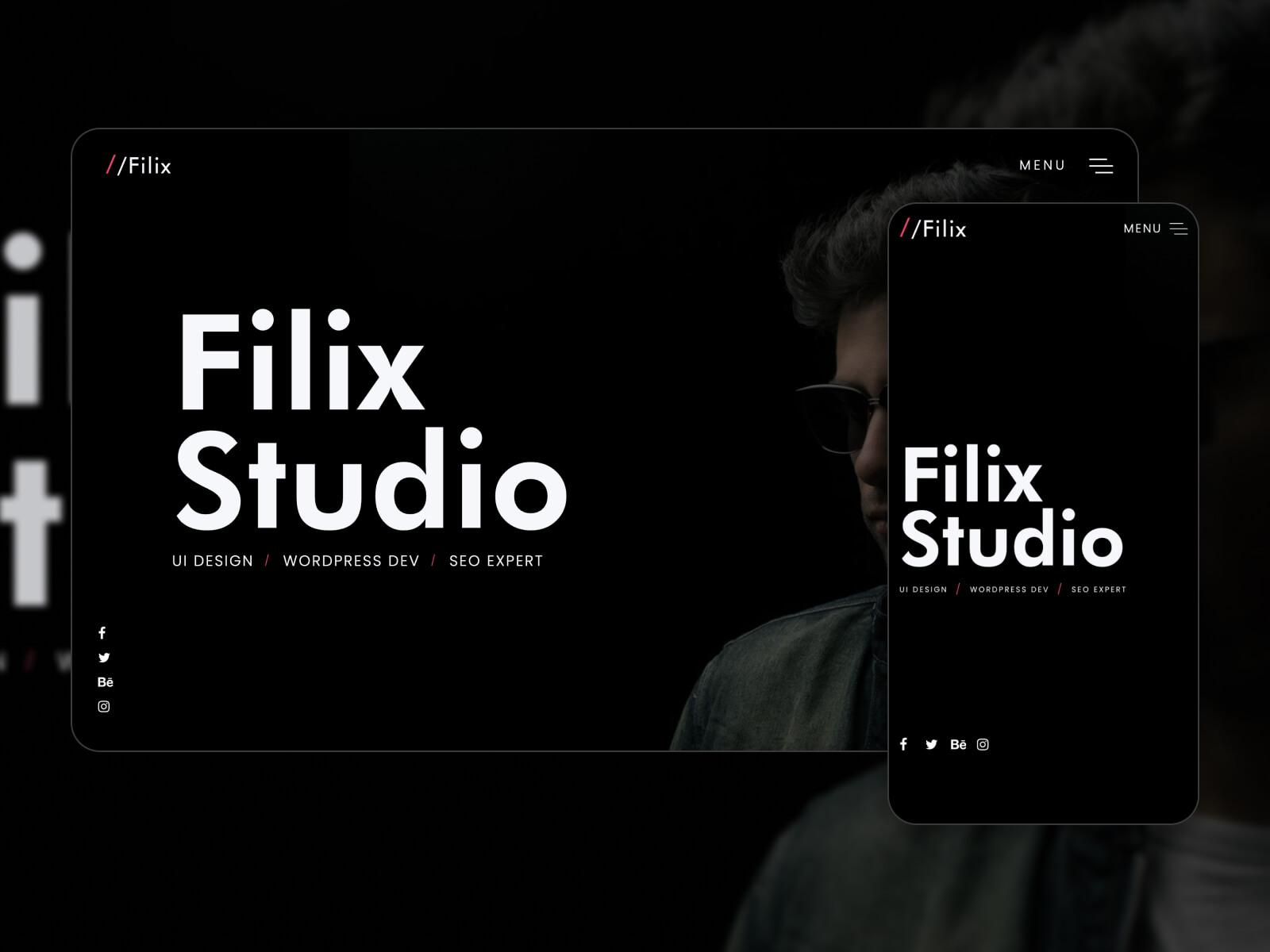 Collage of the Filix customizable one page template WP in dark hues