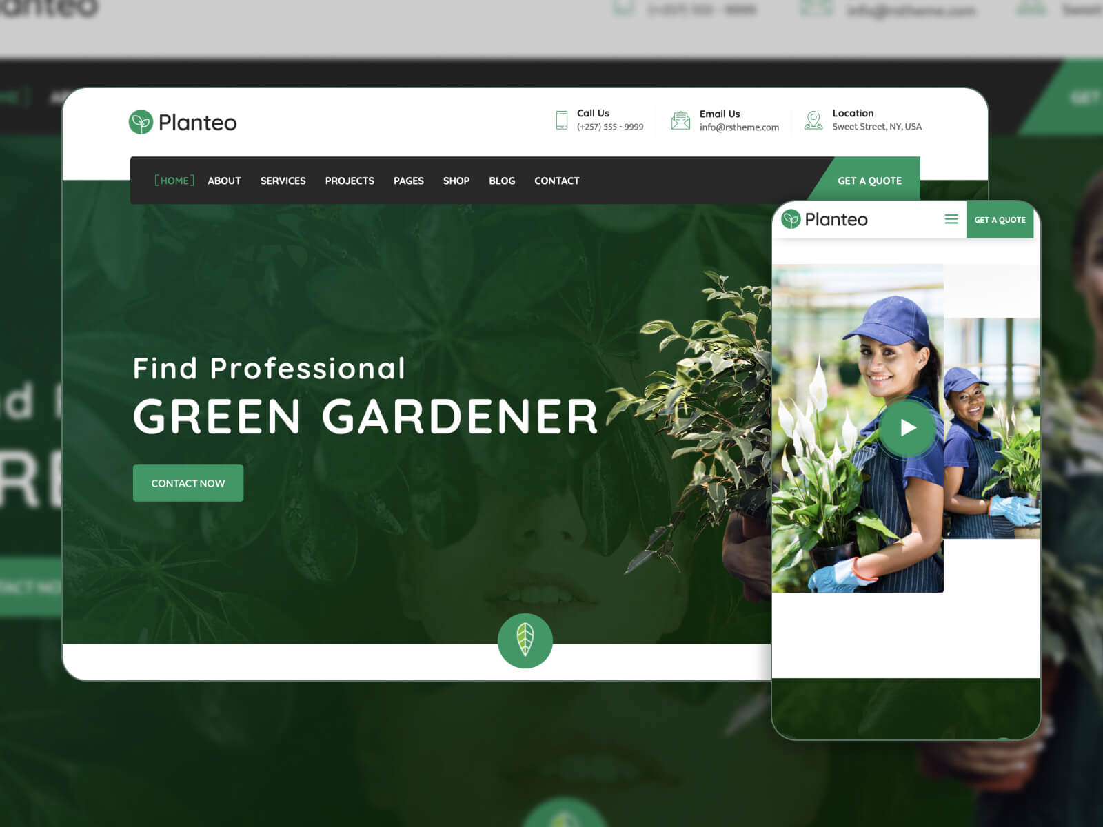 Image of the Planteo one page template WP for gardening enterprises in green color scheme