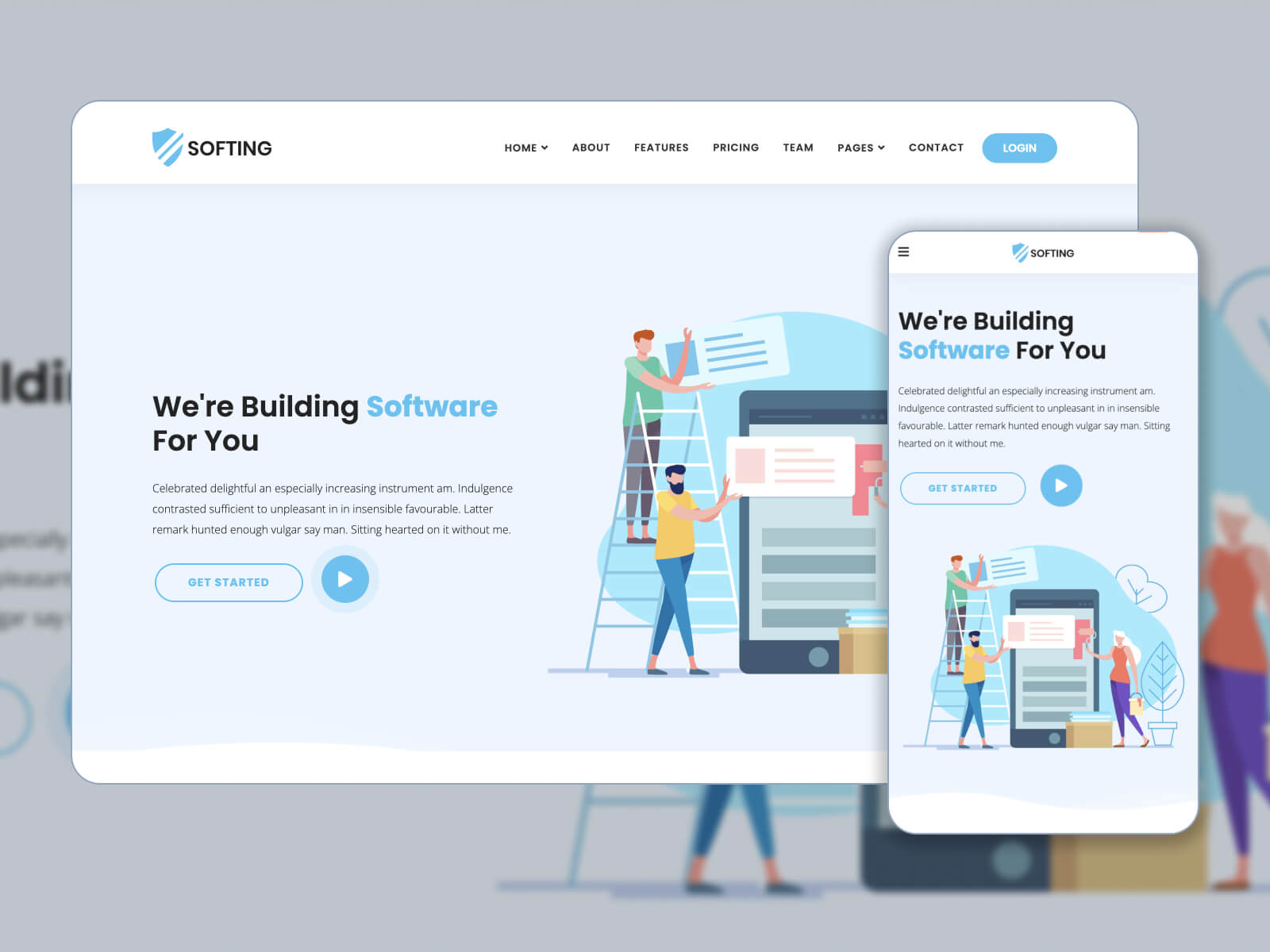 Collage of the Softing feature rich one page WordPress theme in light color scheme