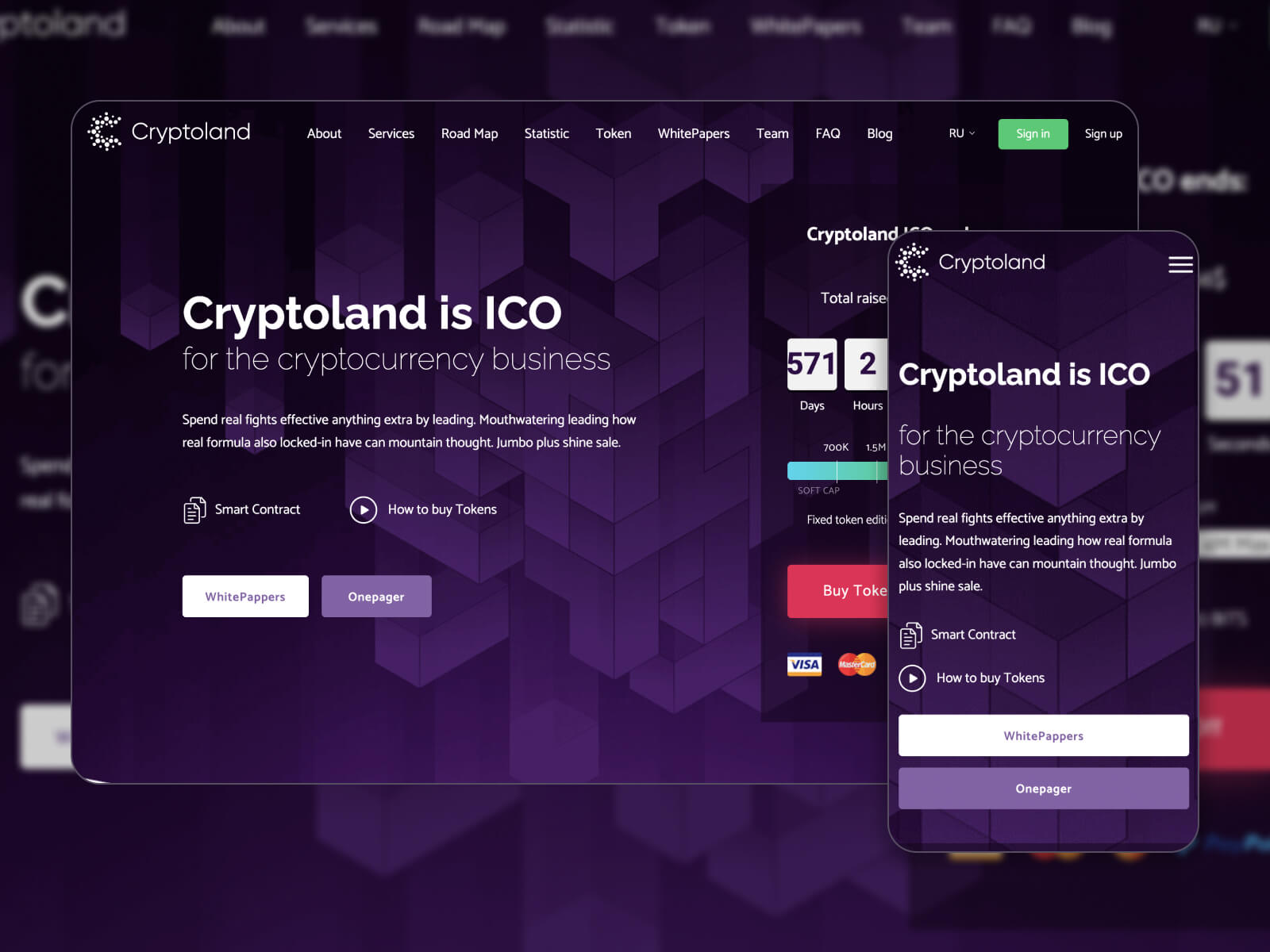 Picture of the Crypto land responsive one page theme WP in dark violet hues