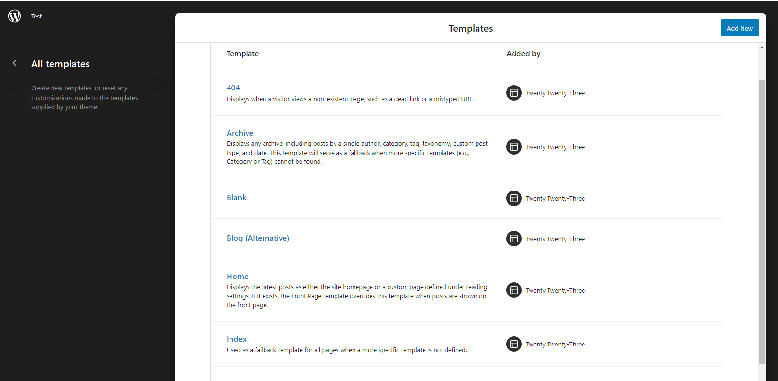 Page templates available for editing in Twenty Twenty Three WP theme