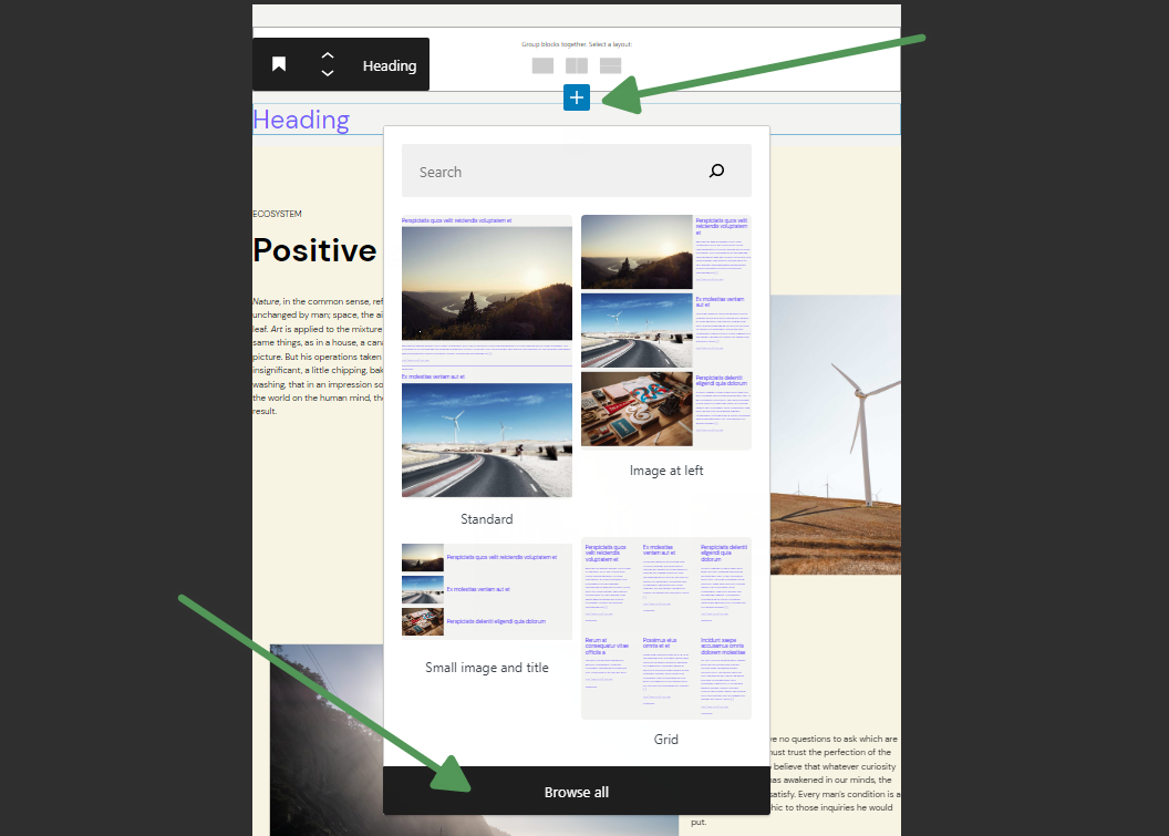 Picture that shows how to add Gutenberg block to any page of the default WordPress theme