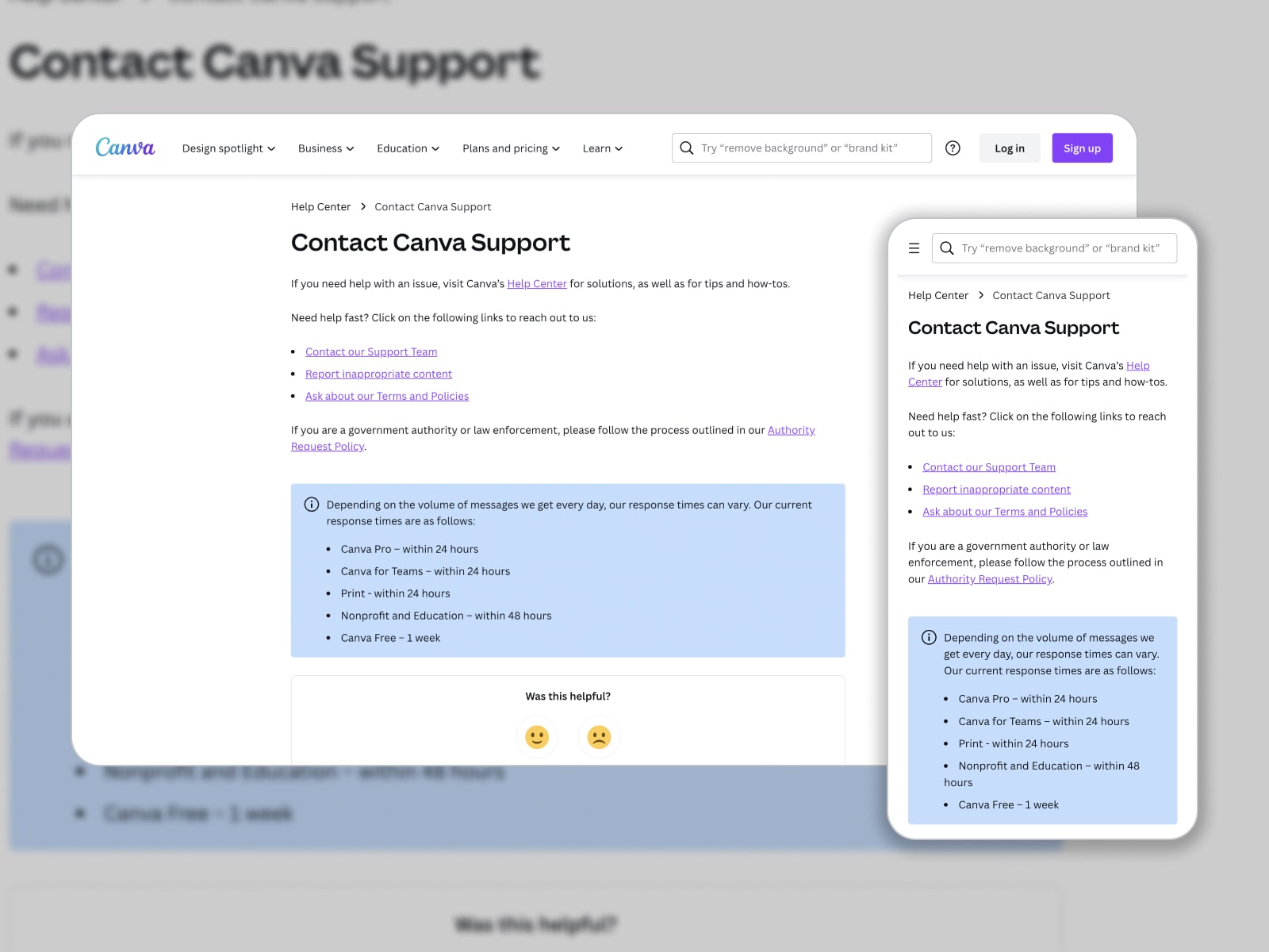 Collage of the Contact Canva support page in white and blue colors.