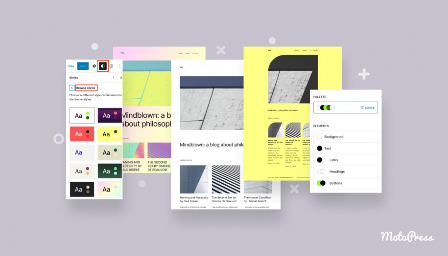 Collage of the Twenty twenty-three default WordPress theme in bright color palette
