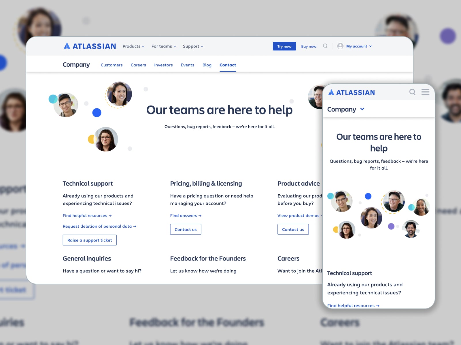 Collage of the Atlassian Contact Us page in white and blue colors.