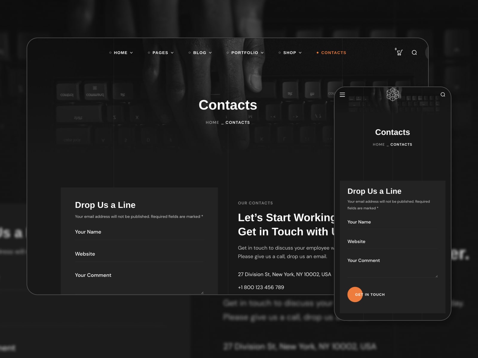 Collage of the Bili contacts page for WordPress agency websites in dark mode.
