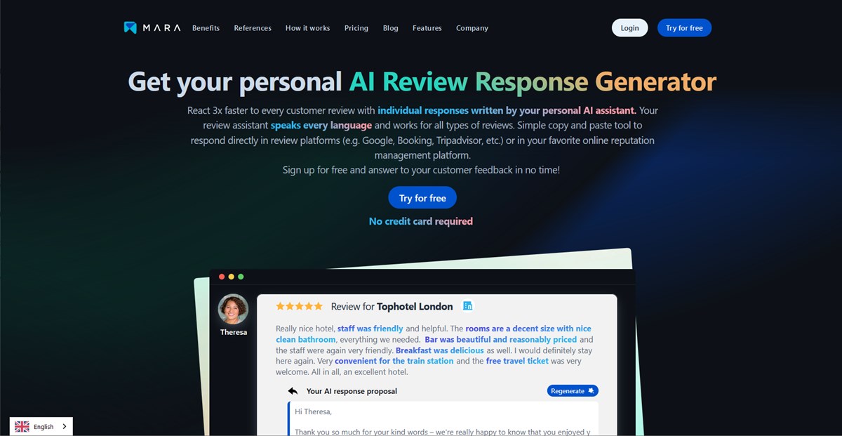 The Mara Solutions AI tool for writing hotel reviews.