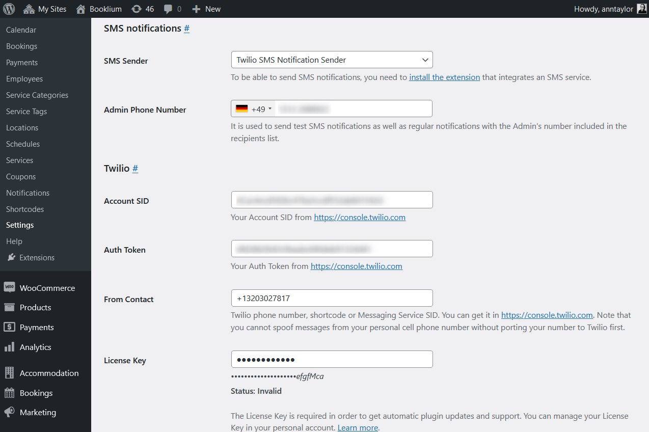 The Twilio settings screen inthe Appointment Booking plugin.