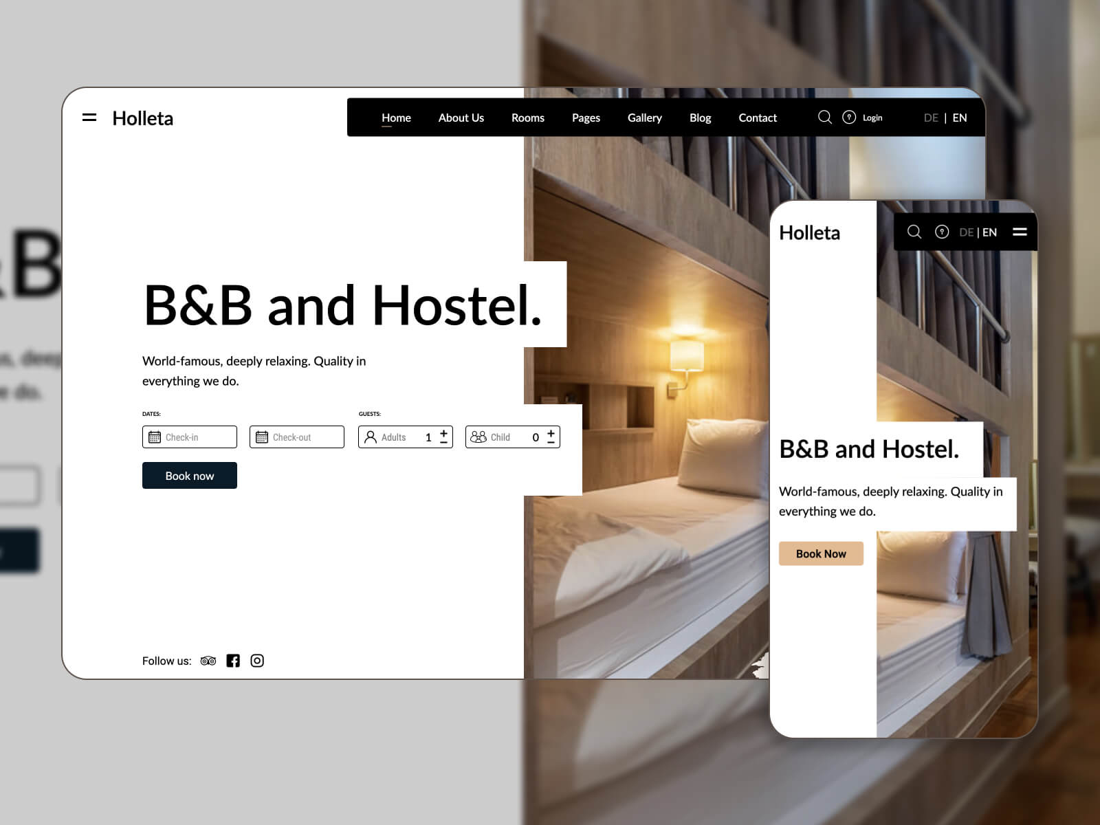 Screenshot of Holleta - functional bed and breakfast Elementor theme in silver, darkolivegreen, white, gray, and black color combination