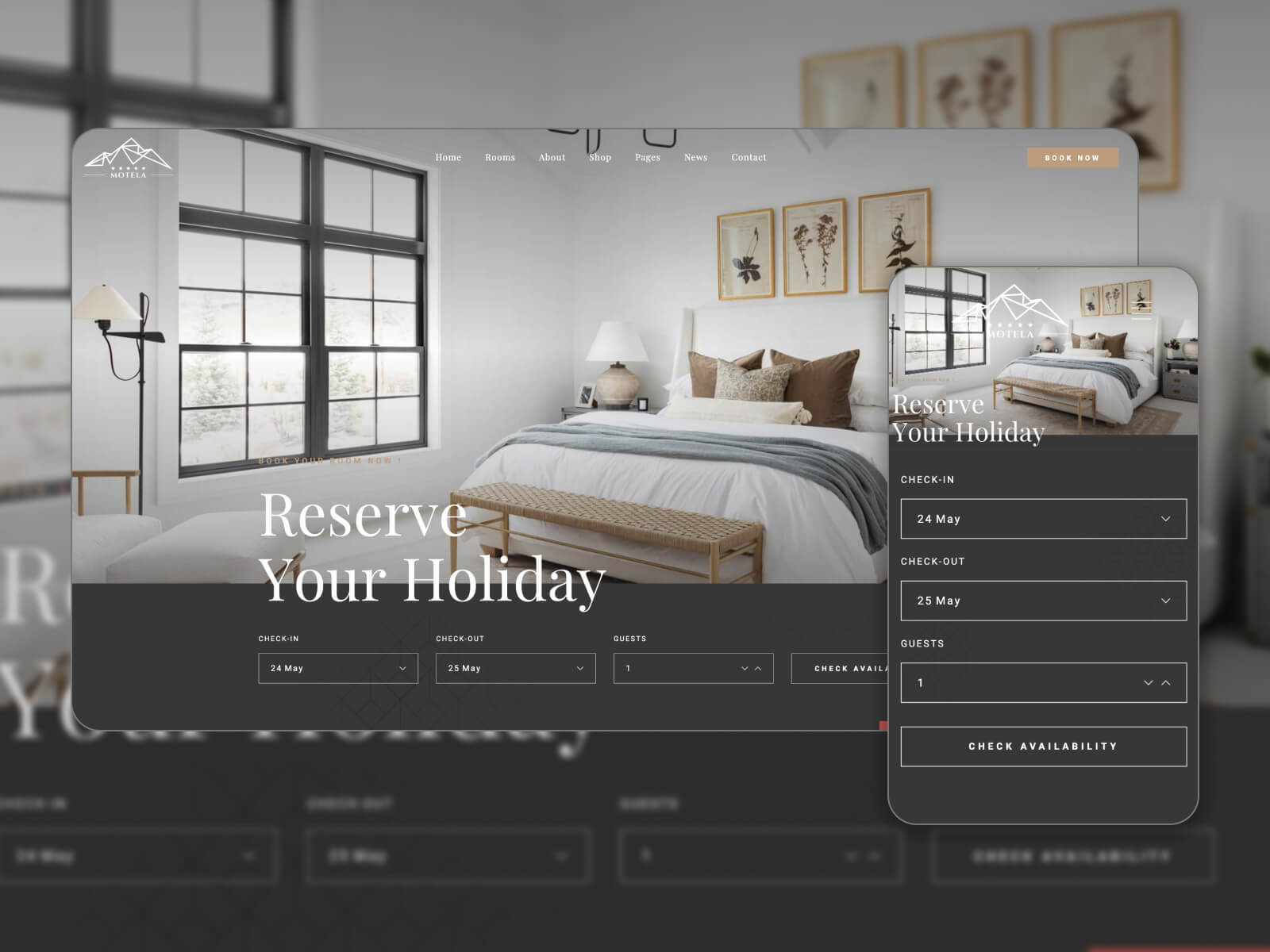 Collage of Motela - easy-to-use bed and breakfast template for Elementor in gray, darkslategray, gainsboro, dimgray, and darkgray color gradation