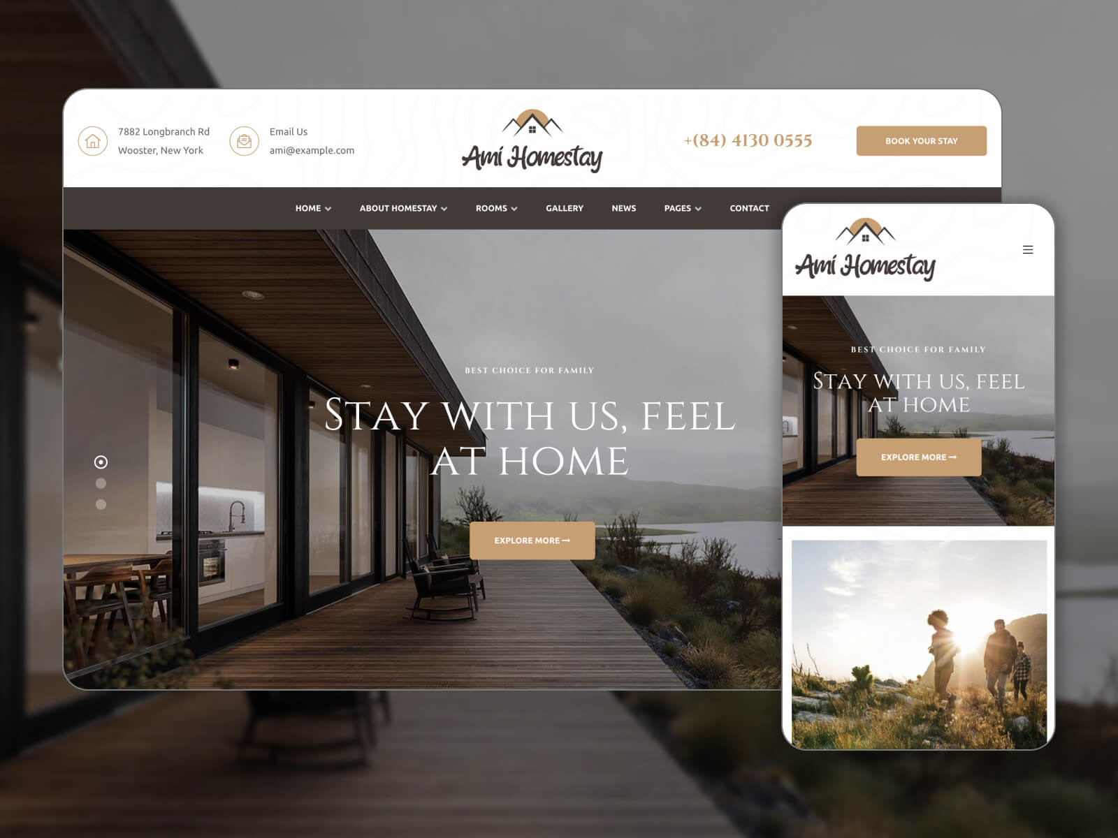 Snapshot of Ami Homestay - professional design bed and breakfast Elementor theme in snow, black, darkgray, gray, and darkslategray color combination