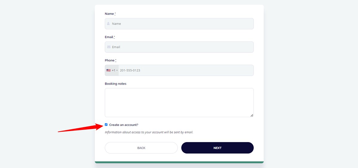 A booking submission form with the Create an account link.