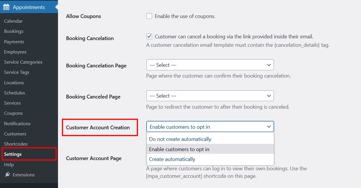 The customer account creation settings motopress appointment booking.