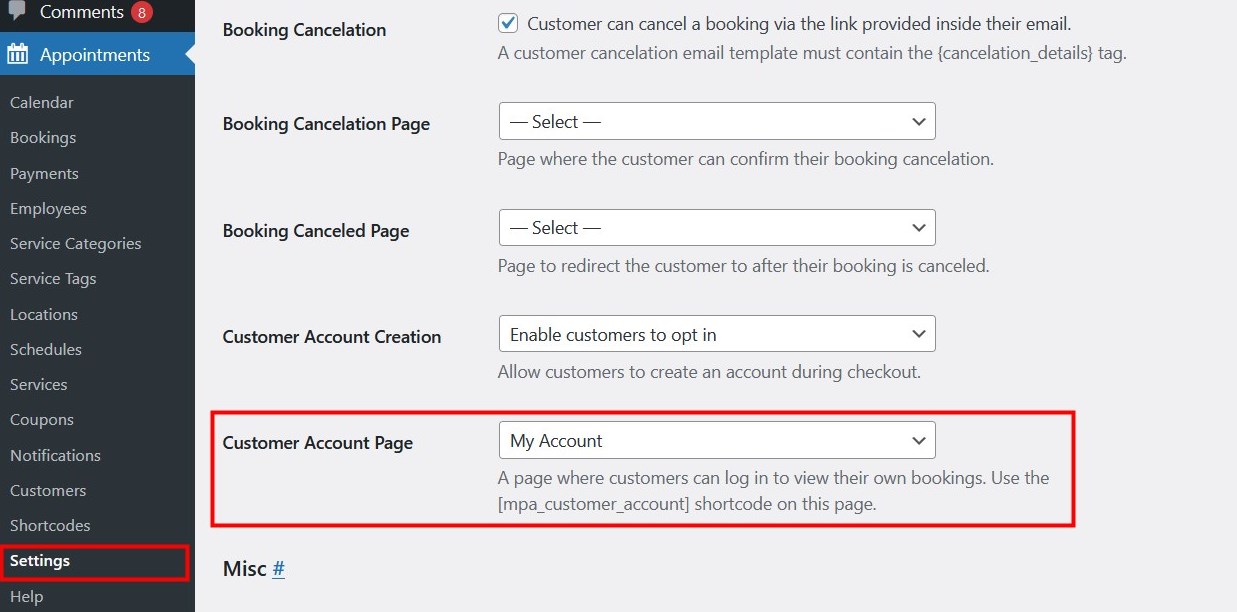 The customer account page settings.
