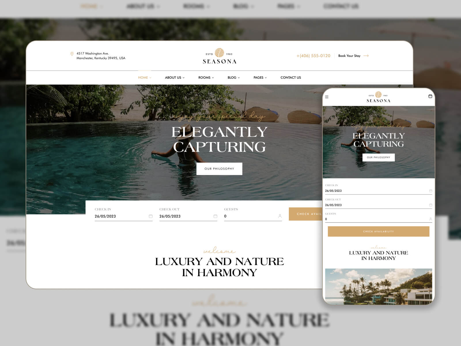 Picture of Seasona - responsive and retina-ready booking website template for WordPress in lightgray, dimgray, rosybrown, white, and black color scheme
