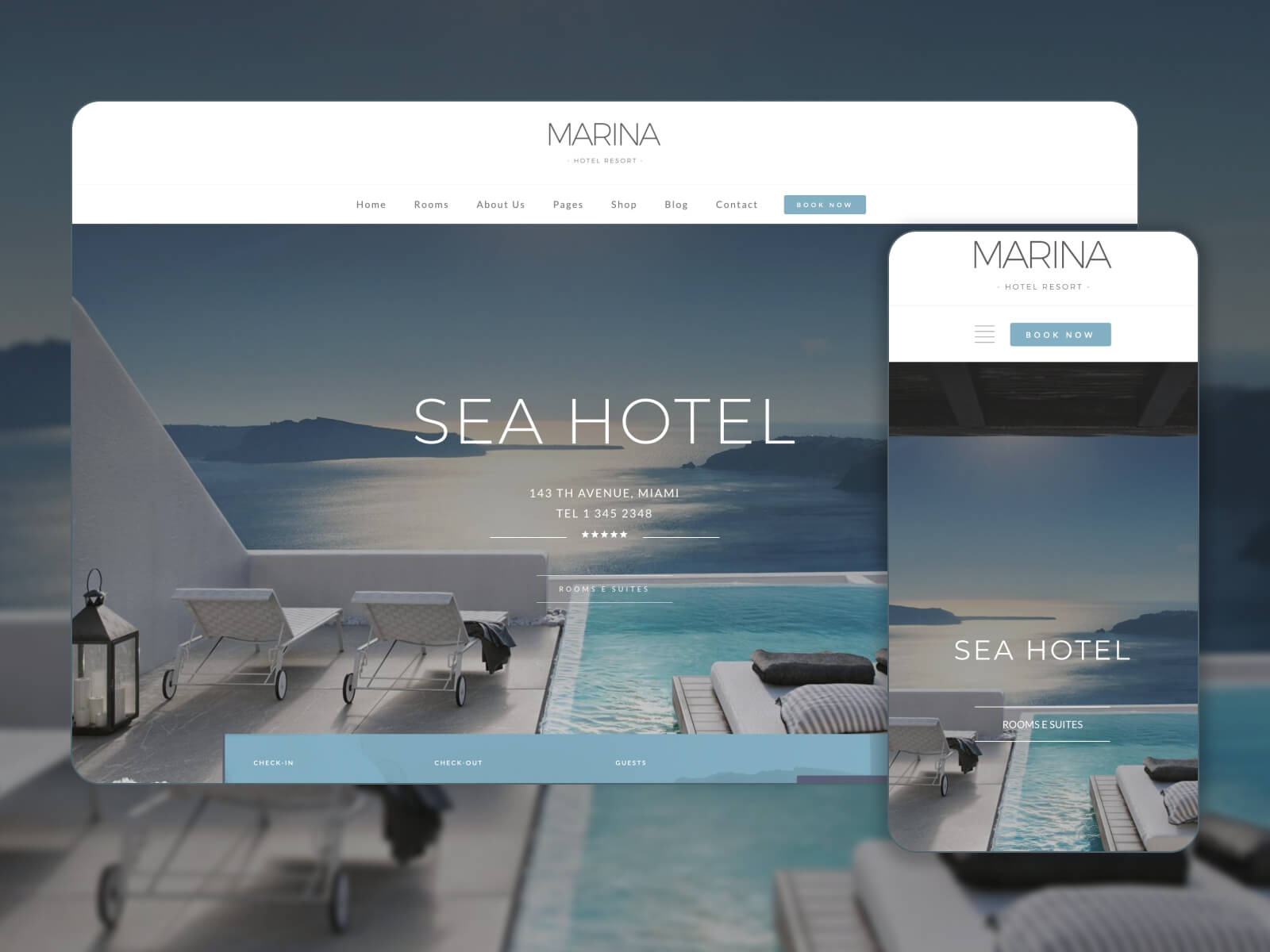 Illustration of Marina - fully customizable and flexible booking WP theme in dimgray, white, lightslategray, and darkslategray color scheme