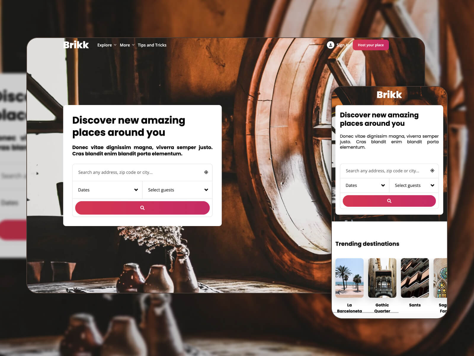 Collage of Brikk - user-friendly booking website template for WordPress in lightgray, rosybrown, white, black, and sienna color palette