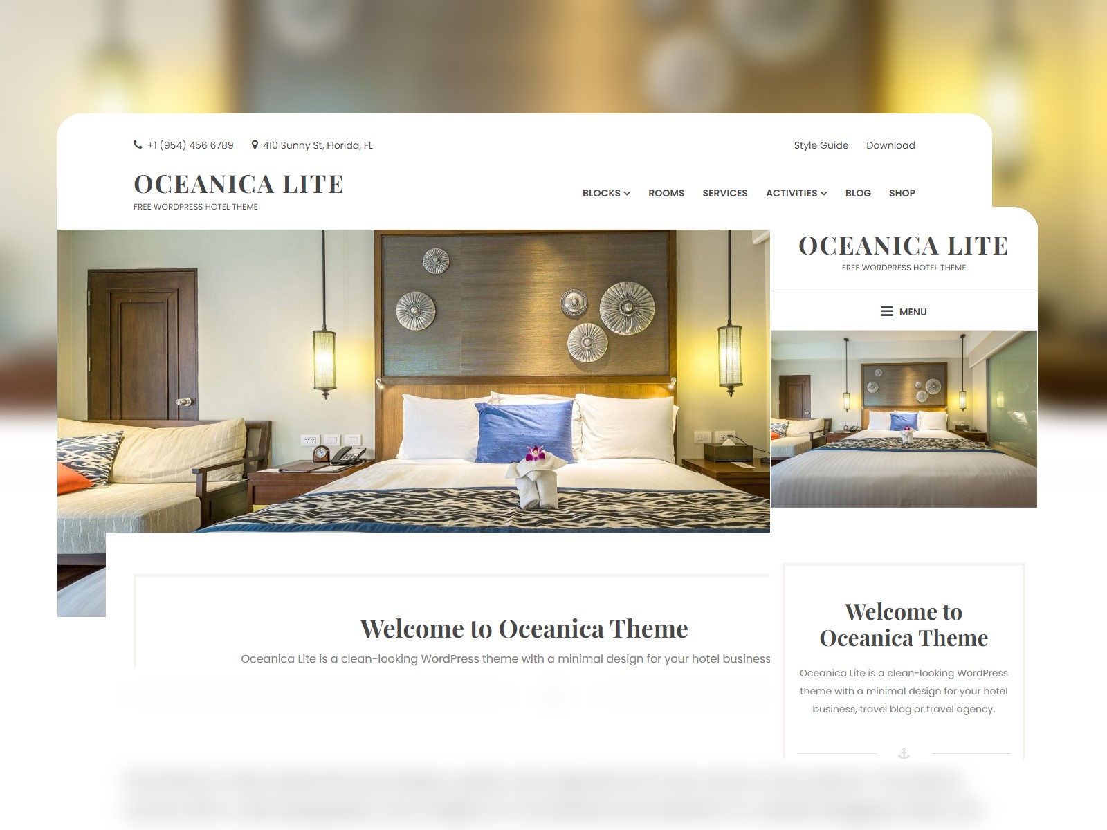 Collage of Oceanica Lite - top-rated booking and reservation WordPress theme in gray, lightgray, darkolivegreen, tan, and snow color mix