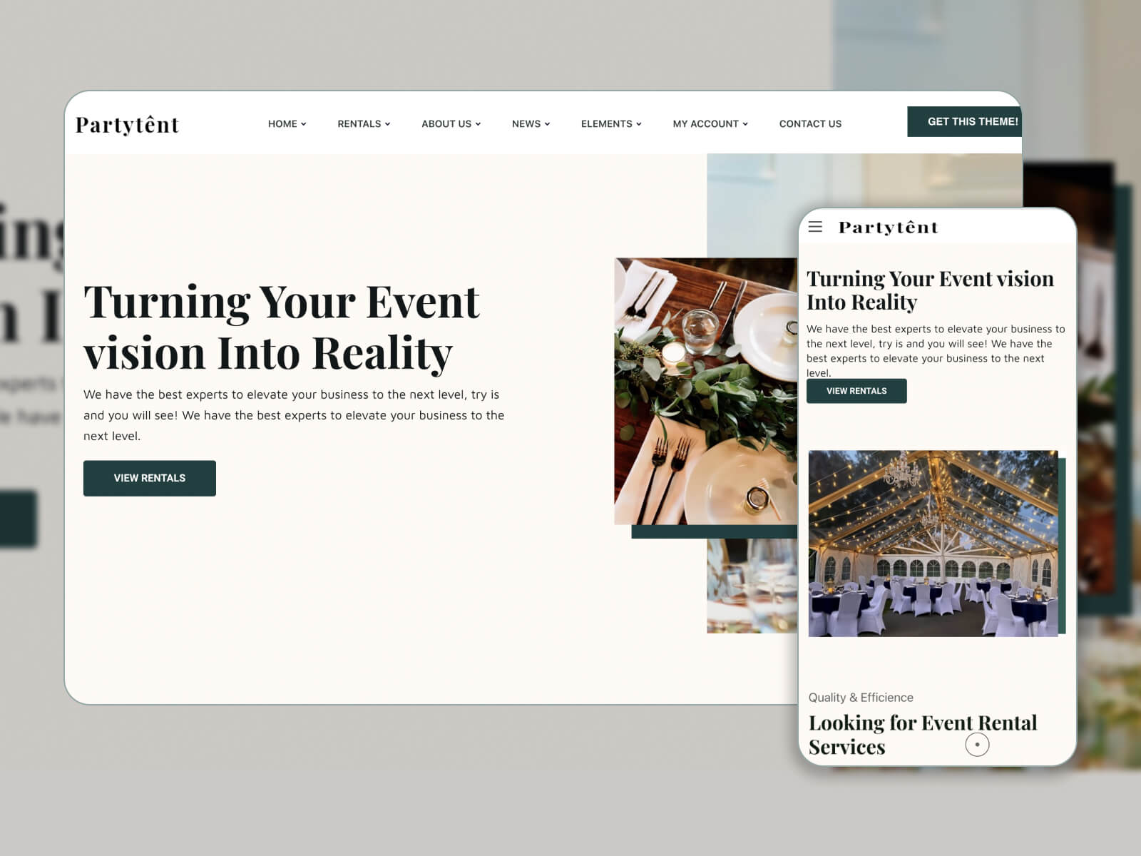 Picture of Partytent - mobile-responsive and modern WordPress theme for online booking systems in darkgray, dimgray, silver, snow, and darkslategray color gradation