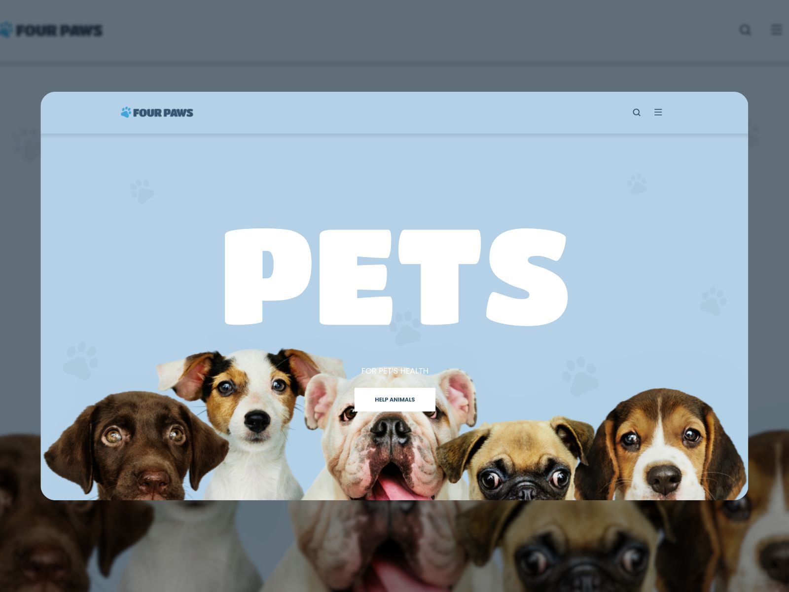 Collage of the FourPaws pet sitting website templates demo by Gutenix theme.