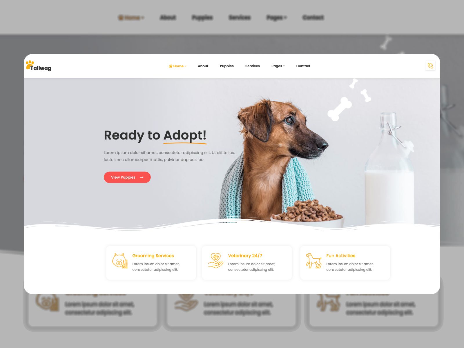 Collage of the Tailwag pet sitting wordpress website templates demo page.