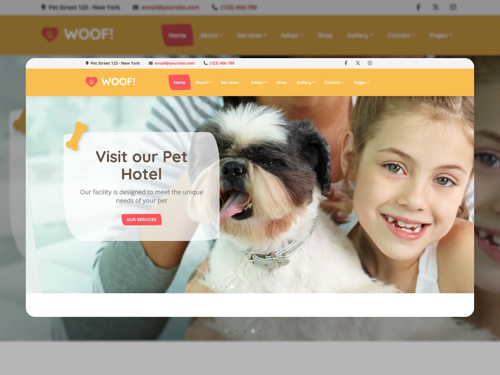 Collage of the Woof pet boarding website tempalte for wordpress demo.
