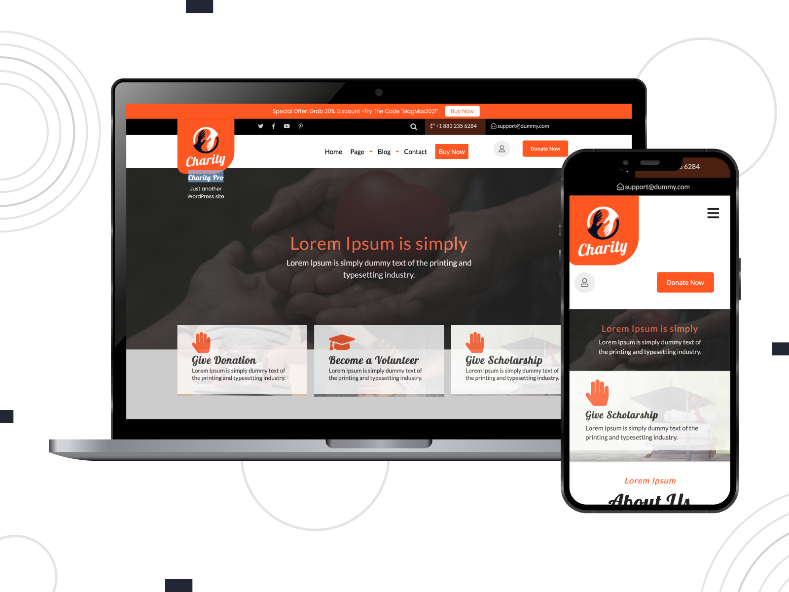 Picture of Charity Zone - free, innovative & responsive theme for crowdfunding with a full-width header in darkorange, white, and black color gradation.