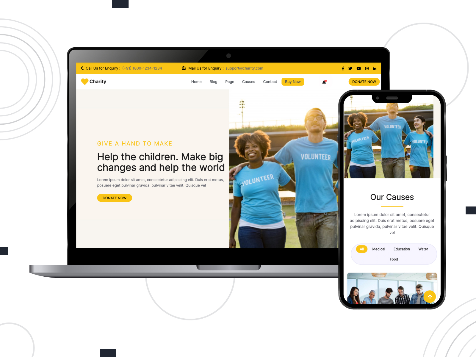 Snapshot of Charity Foundation - fully responsive & free theme for crowdsourcing with video integration in gold, white, and black chromatic scheme.