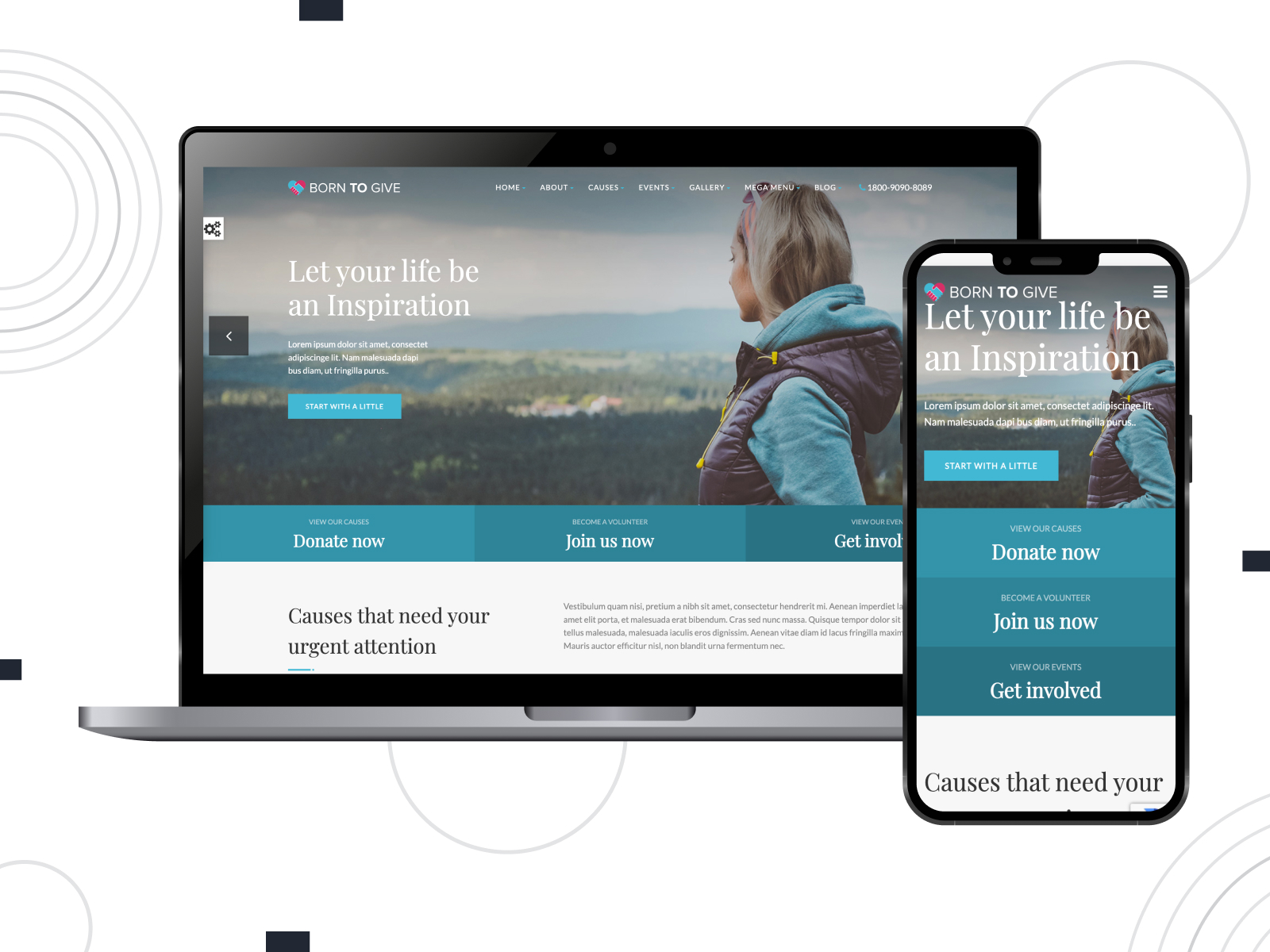 Snapshot of Born To Give - effective theme for charity sites with visual page builder in white, darkturquoise, and lightseagreen color arrangement.
