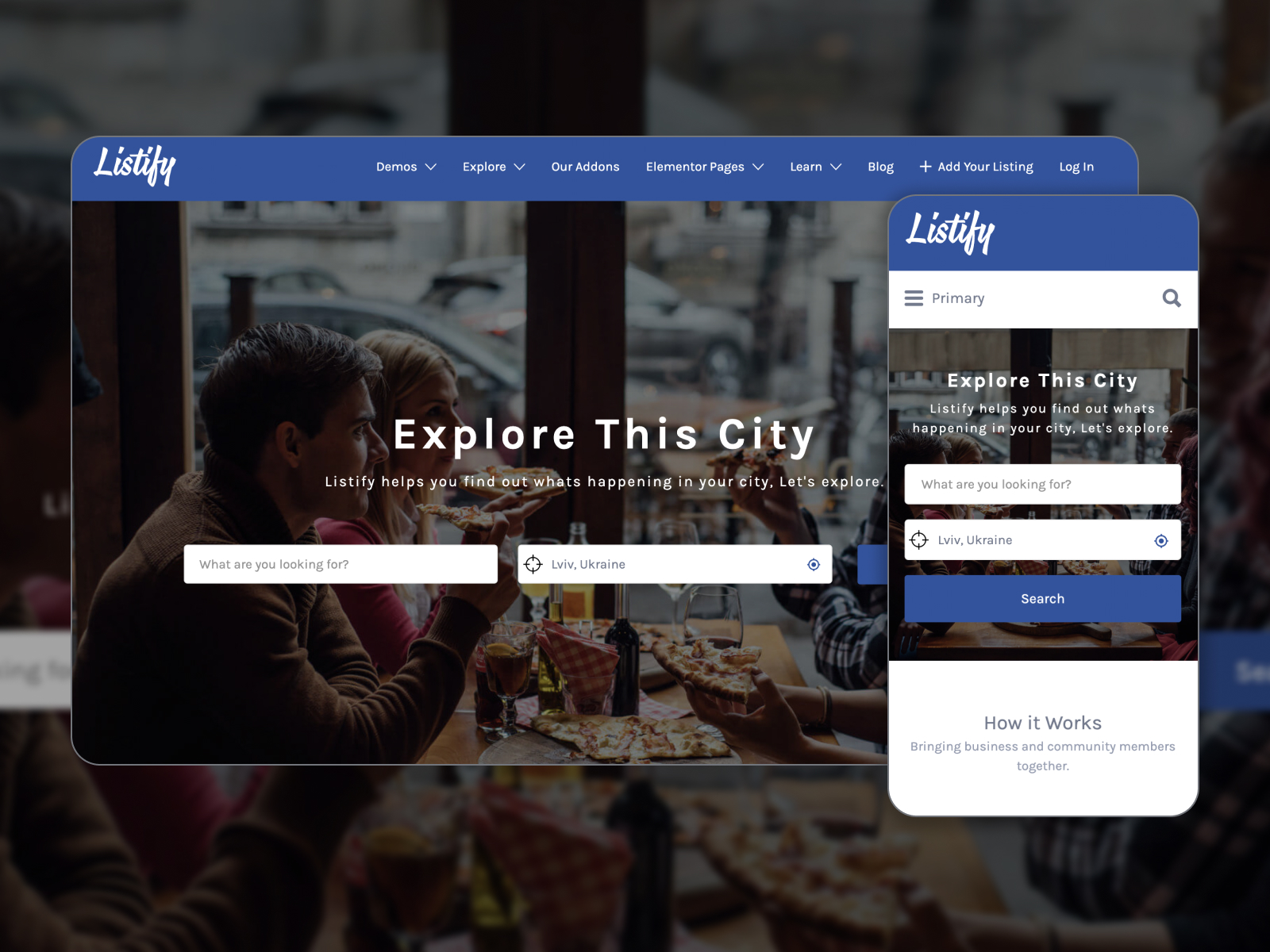 Snapshot of Listify - effective theme for listings with page customizer in white, royalblue, gray, and darkgray color arrangement.