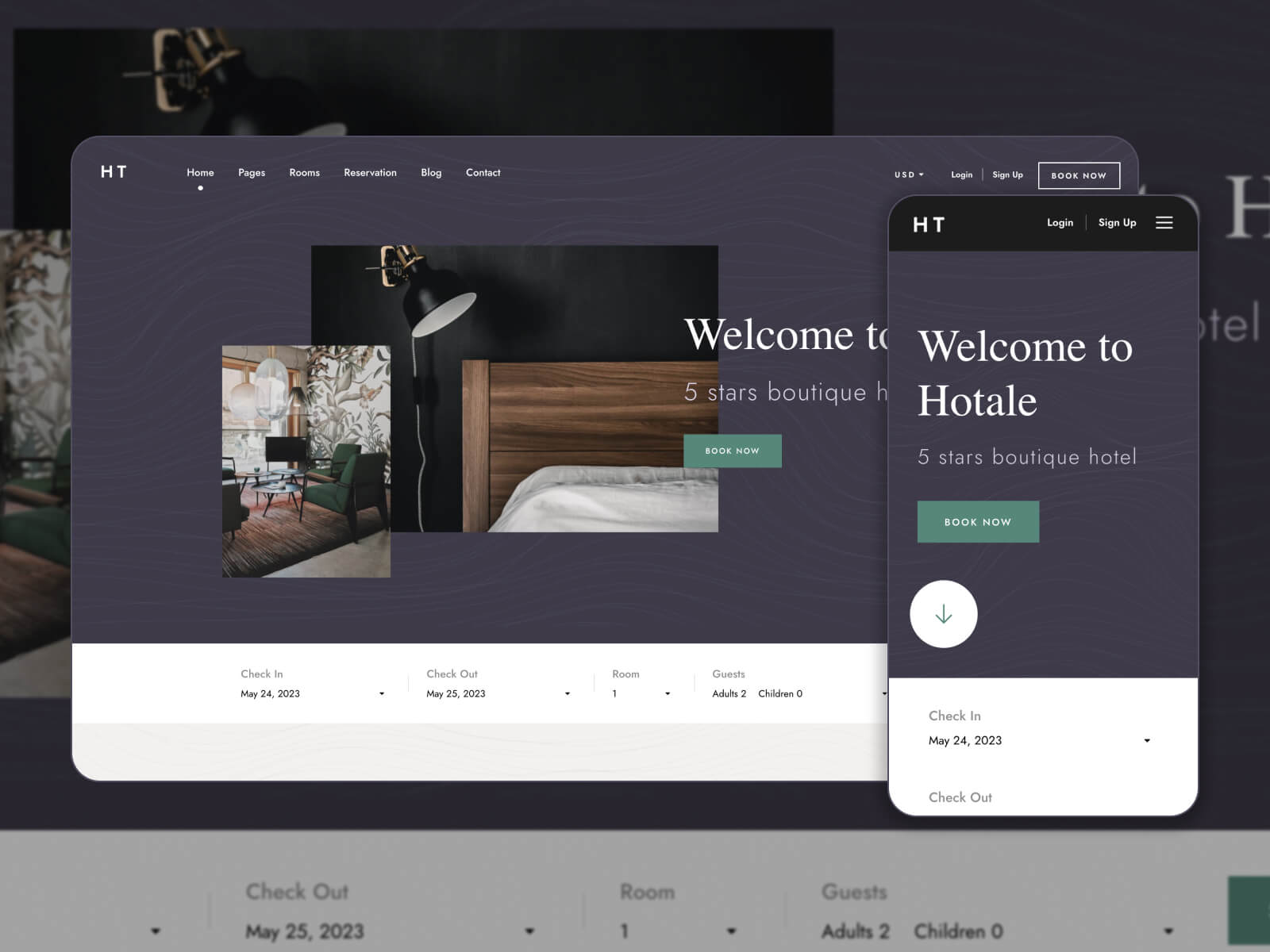 Collage of Hotale - professional design WordPress theme for hotel booking businesses in darkgray, black, snow, dimgray, and darkslategray color gradation.