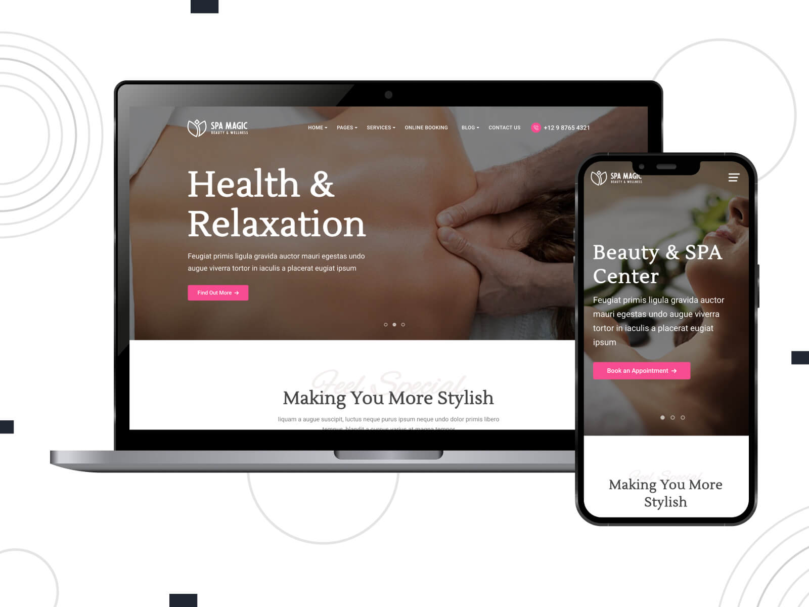 Illustration of SpaMagic - bright, rich, SEO-optimized WordPress theme for hair care experts in dim gray, thistle, and dark slate gray color combination