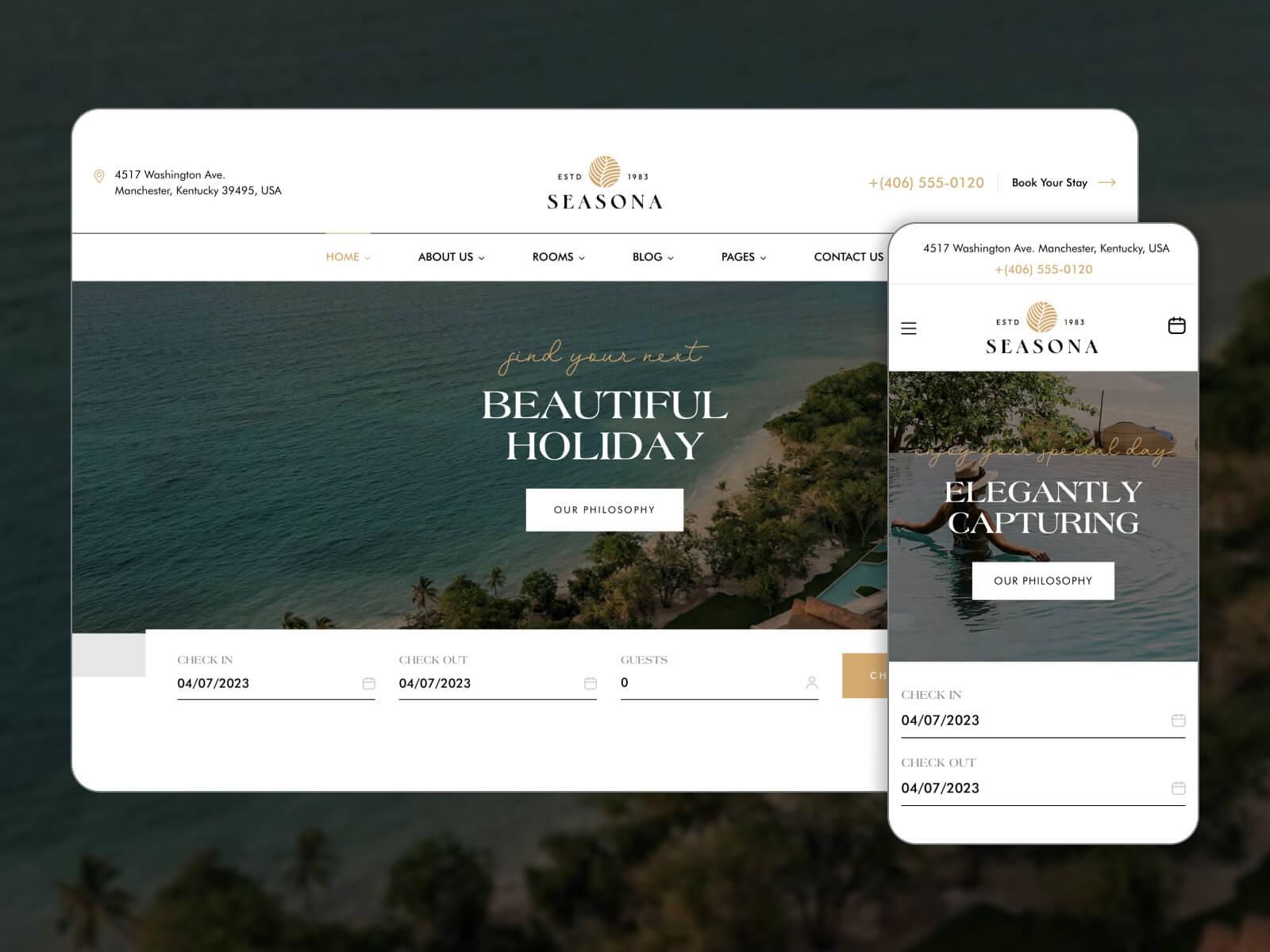 Photo of Seasona - best secure and efficient hotel reservation website template in white, dimgray, darkslategray, and black color scheme.