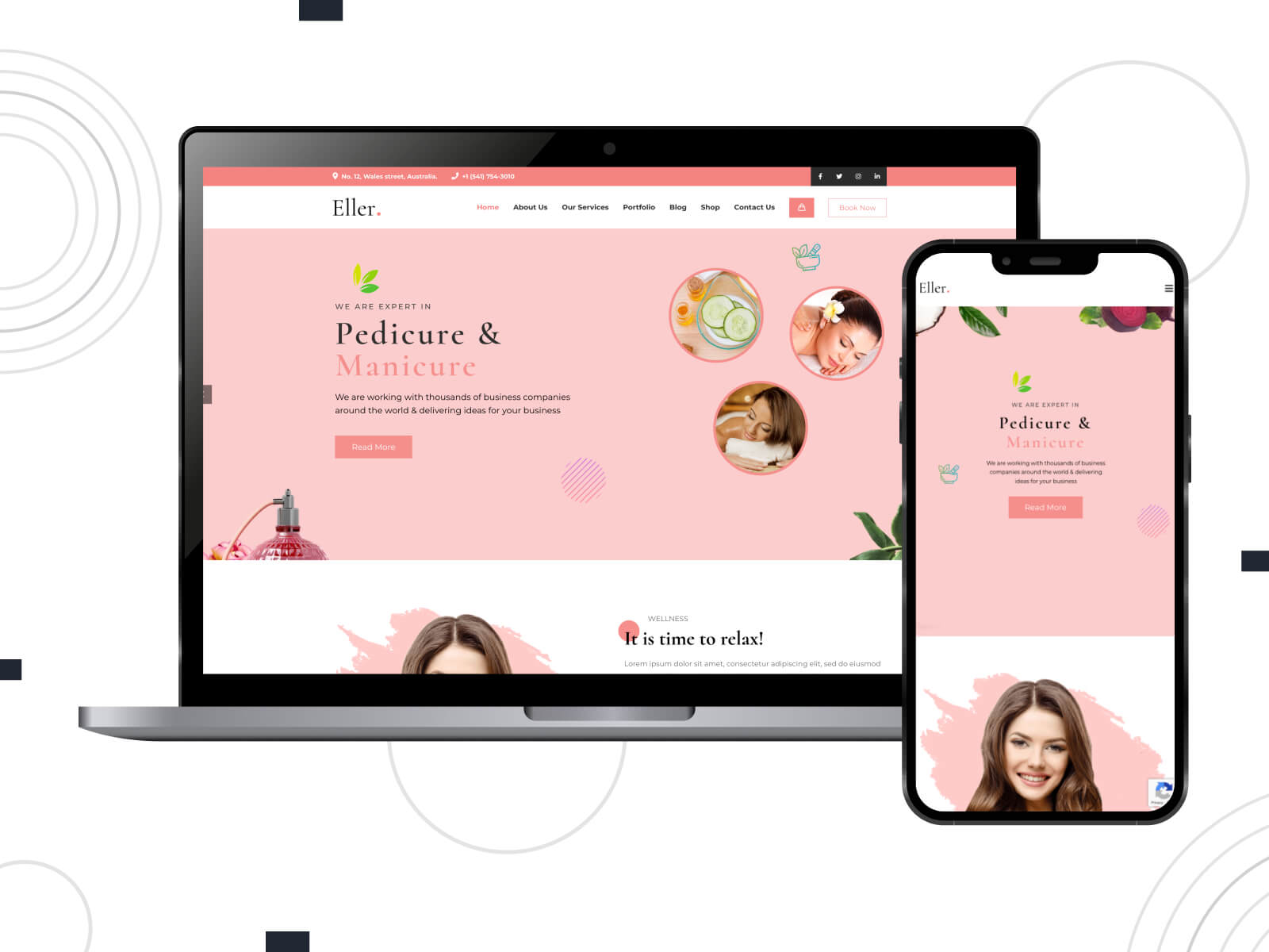 Snapshot of Eller - light, rich, hair salon WordPress design with a clean and intuitive look in pink, rosy brown, and peru color scheme