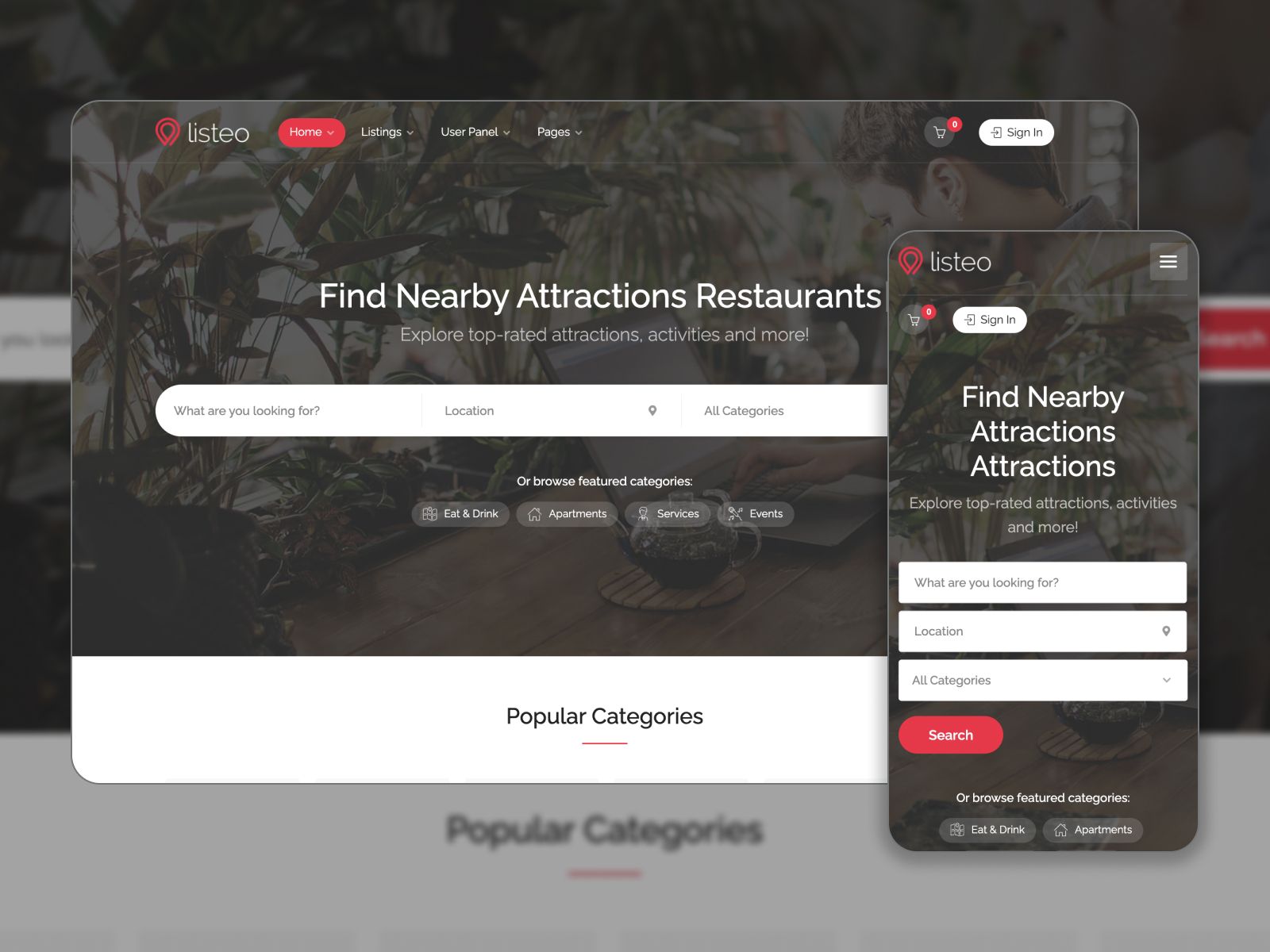 Photo of Listeo - highly responsive theme for online directories with location autocomplete in white, dimgray, gray, and firebrick color palette.