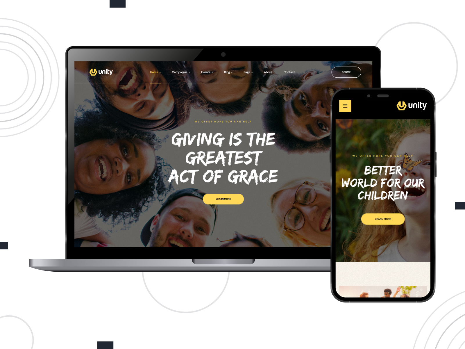 Photo of Unity - highly flexible theme for crowdfunding with multiple campaign pages in white, gold, and darkslategray color palette.