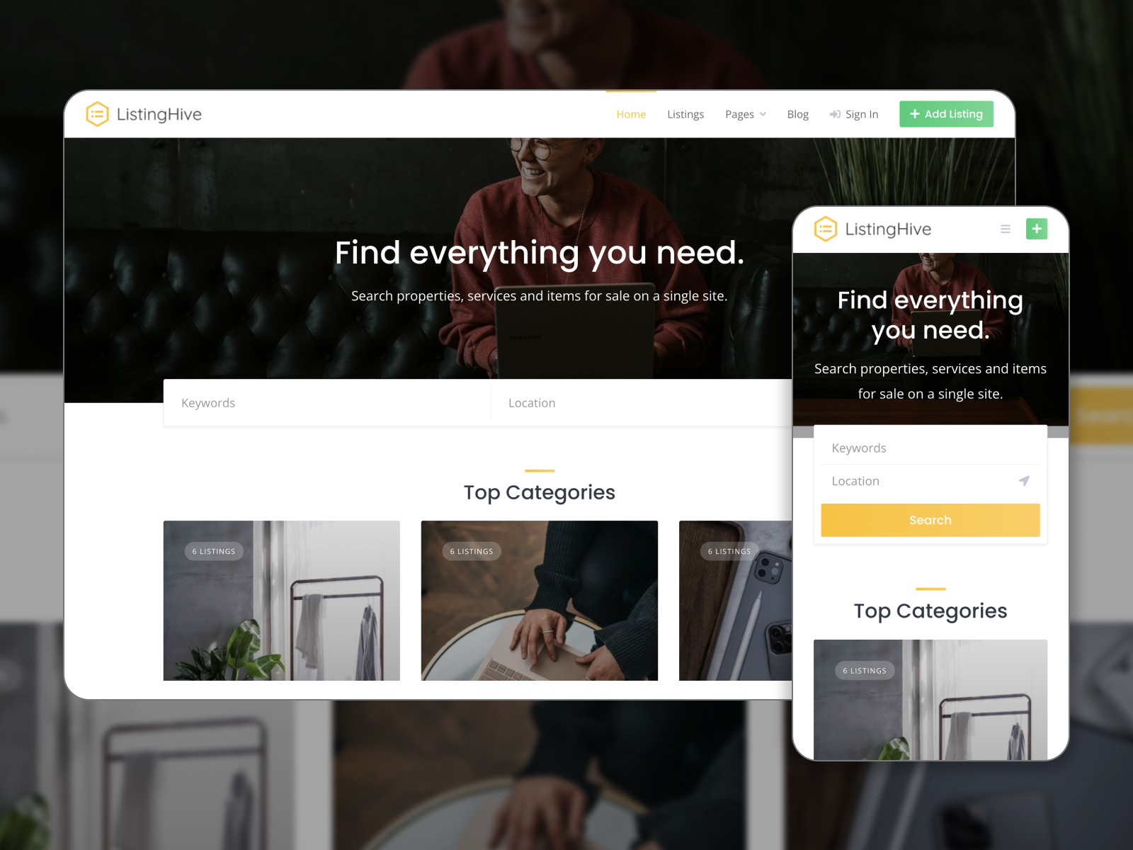 Shot of ListingHive - customizable & free theme for classified ad websites with private messaging in white, black, lightgray, and gold hue selection.