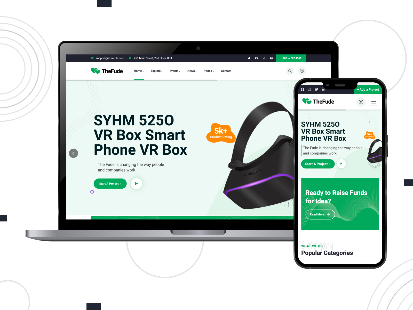 Shot of TheFude - customizable and quality-made theme for nongovernmental organizations with SEO-ready layouts in lightgreen, white, and gold hue selection.