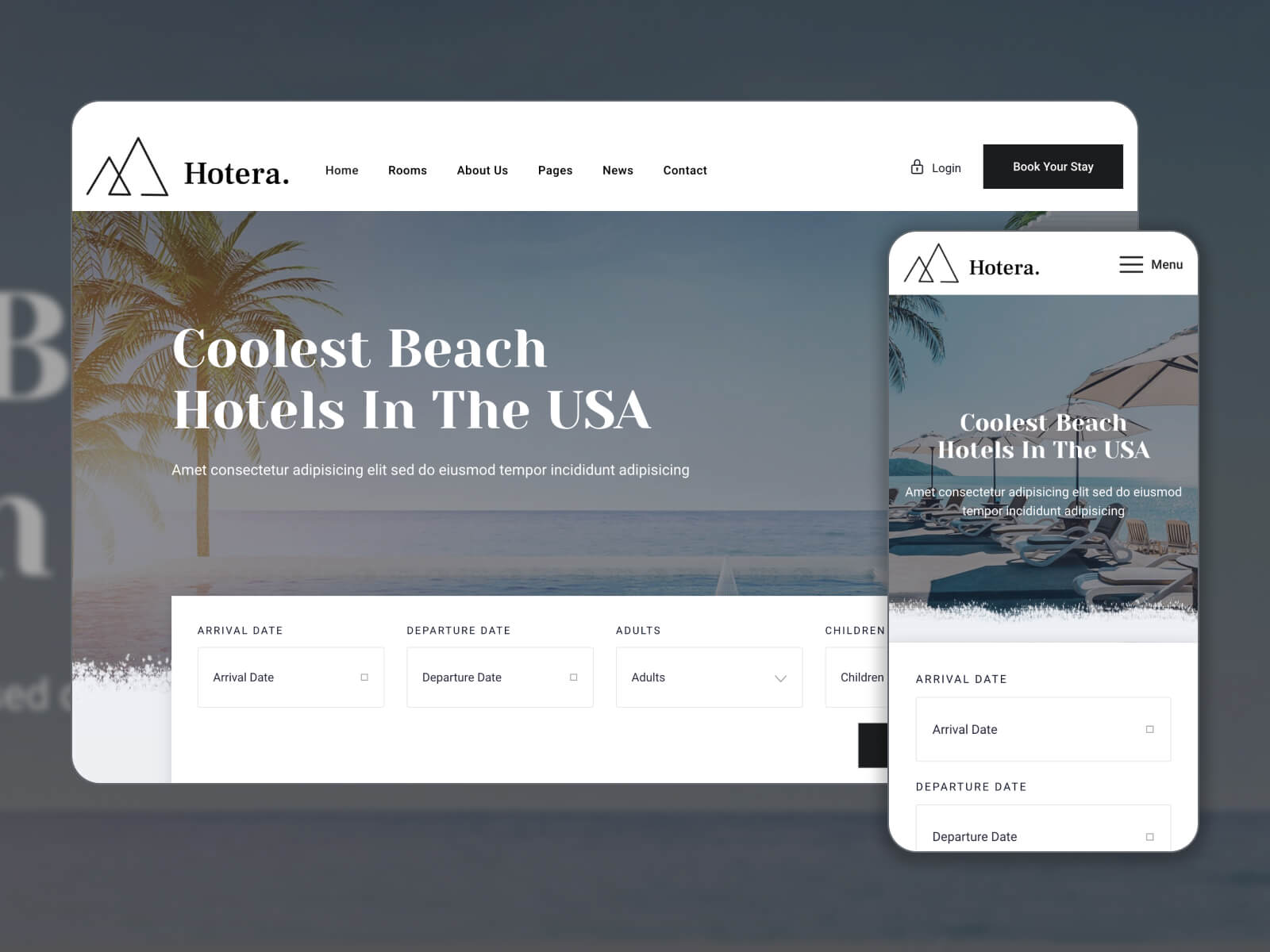 Illustration of Hotera - customizable layout hotel reservation WP theme for flexibility in white, dimgray, darkslategray, and gray color range.