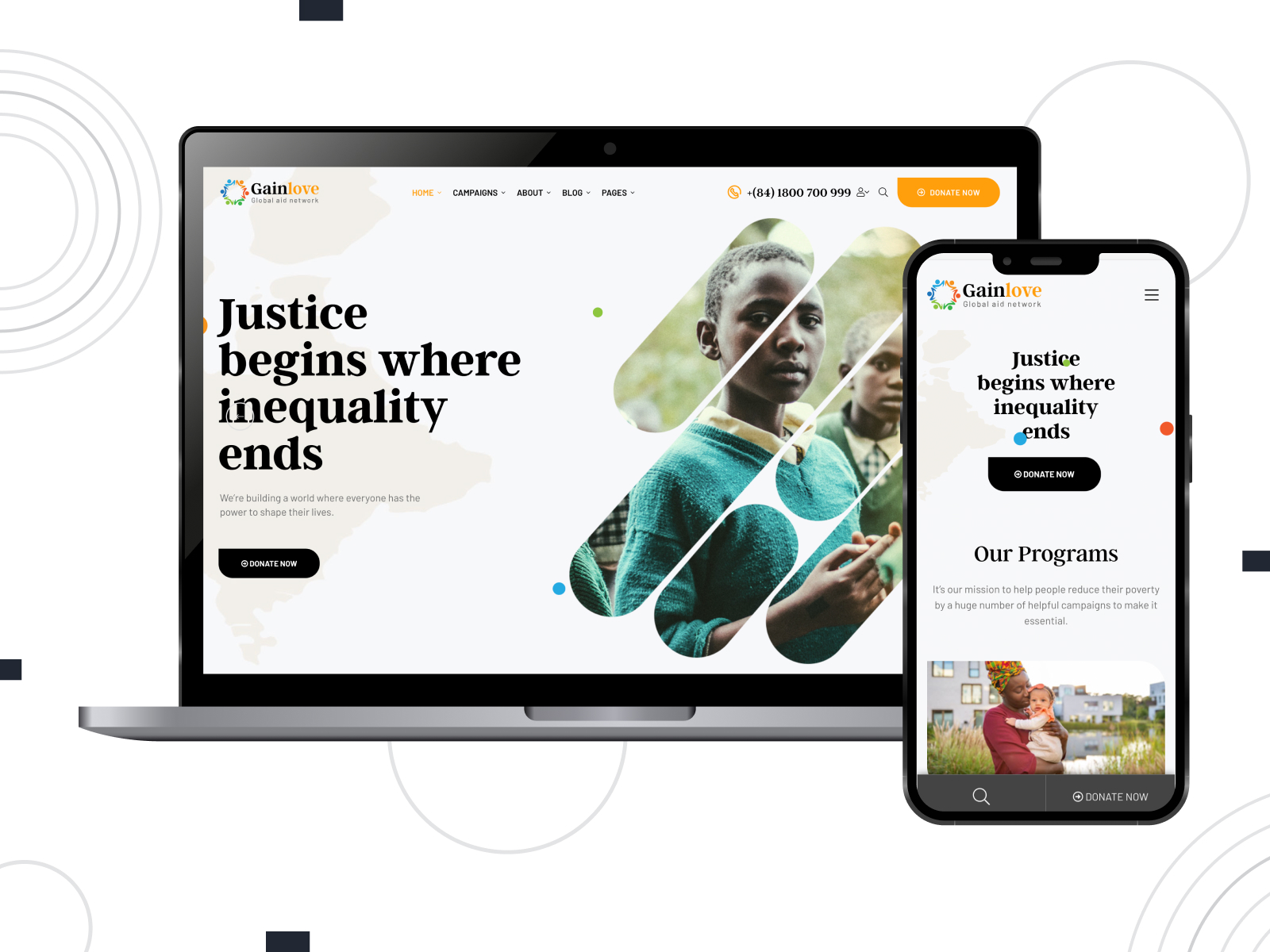 Image of Gainlove - adaptive theme for crowdfunding with diverse homepage designs in white, black, and gold color scheme.