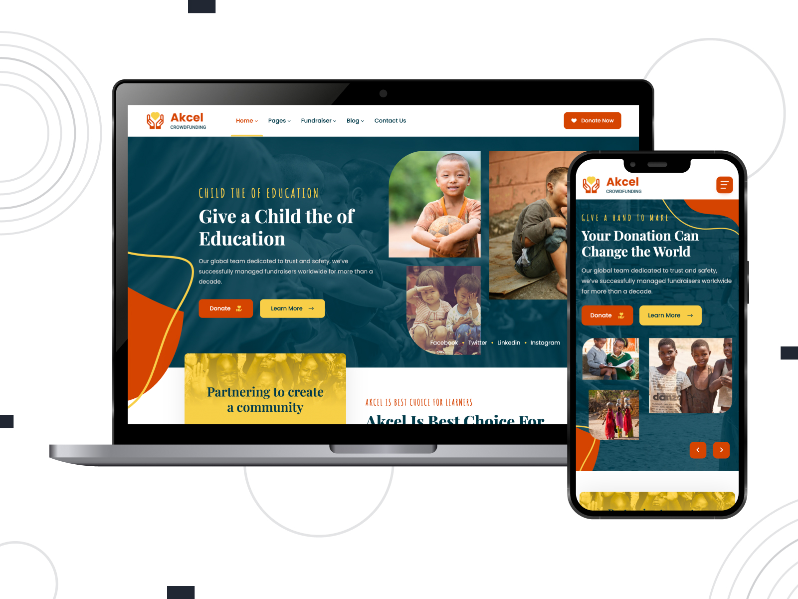 Picture of Akcel - responsive and fully-fledged theme for fundraisers with pre-built categories in orangered, darkslategray, gold, and white pigment arrangement.