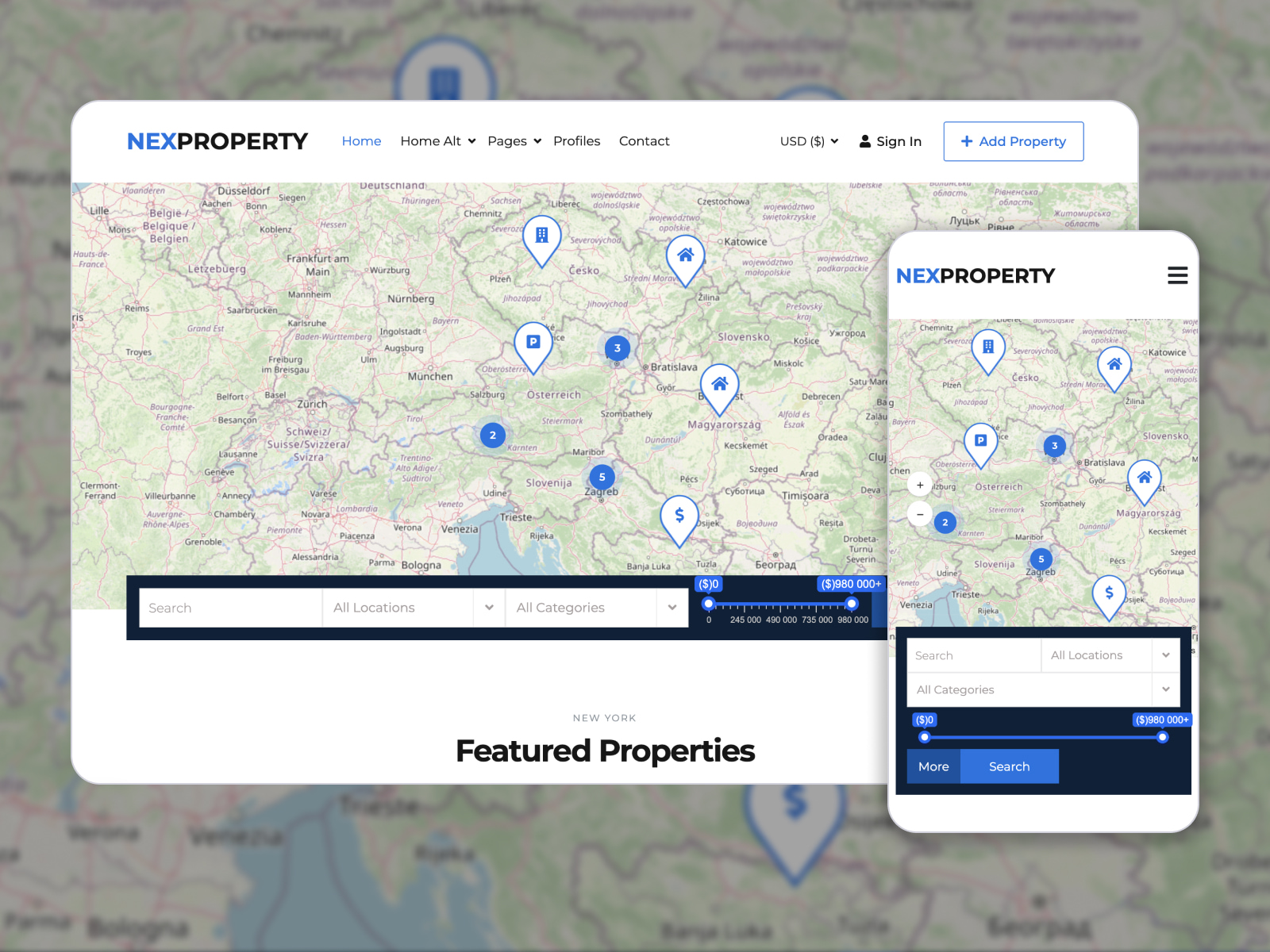 Picture of NexProperty - responsive and powerful theme for real estate listings with custom-made pages in steelblue, dodgerblue, black, and white pigment arrangement.