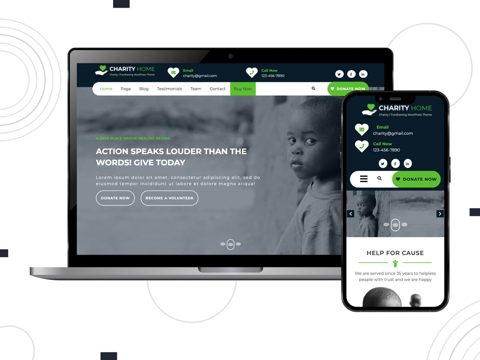Collage of Charity Fundraiser - dim, crisp, feature-rich WordPress template for charitable organizations in light slate gray, silver, and yellow green color range.