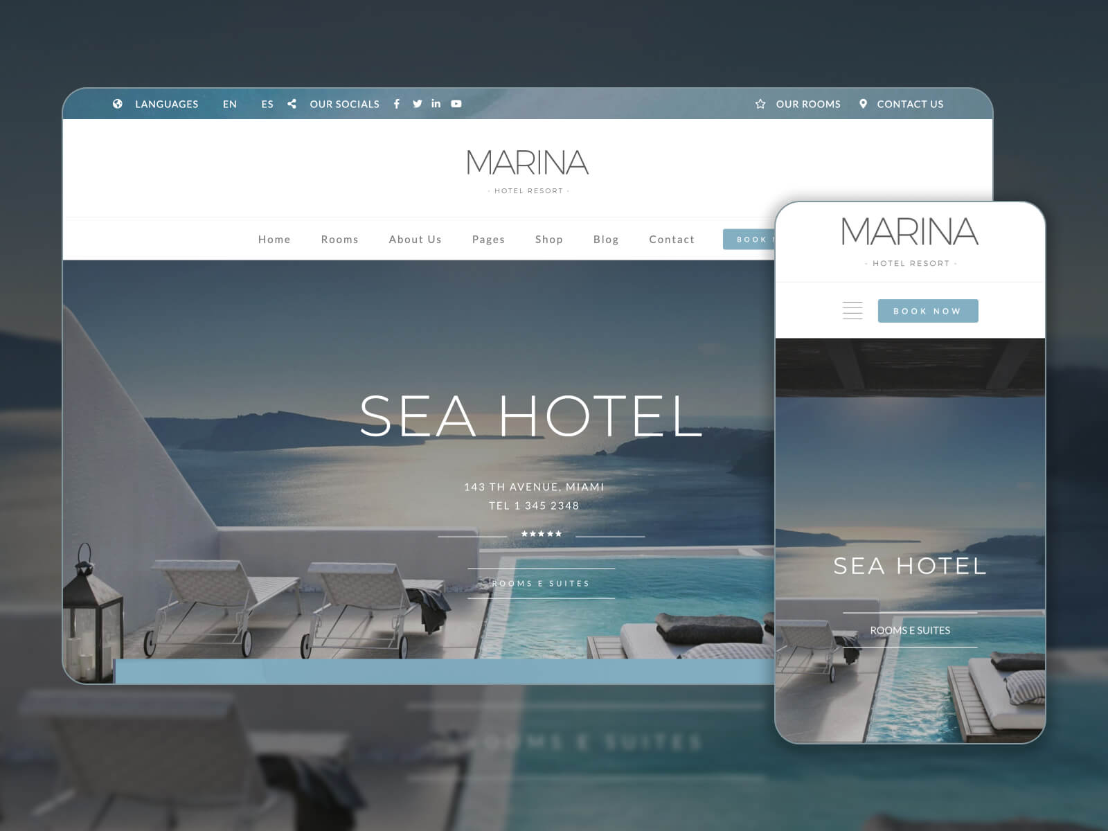 Screenshot of Marina - responsive hotel booking and reservation WordPress template in white, darkgray, dimgray, and darkslategray color array.