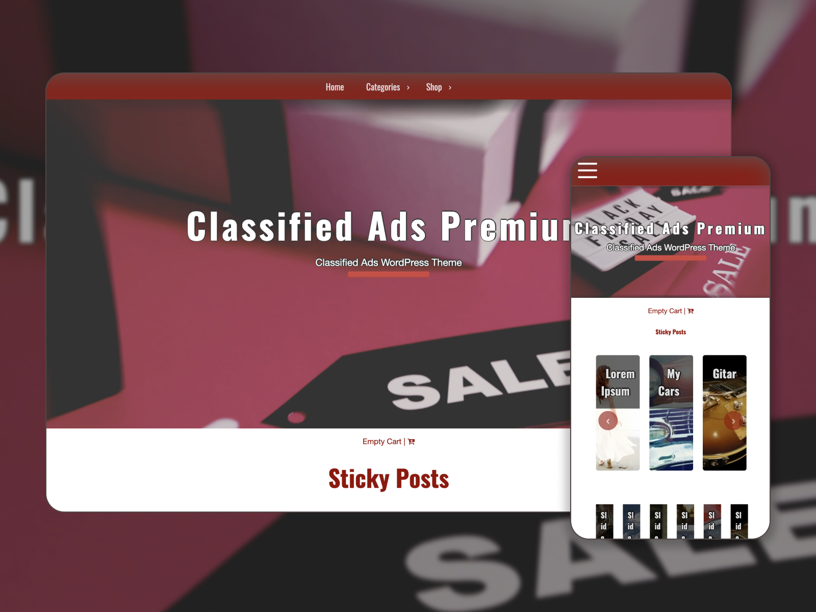 Snapshot of Classified Ads - spacious & customizable theme for online ads with statistics functionality in white, firebrick, brown, and maroon tonal composition.