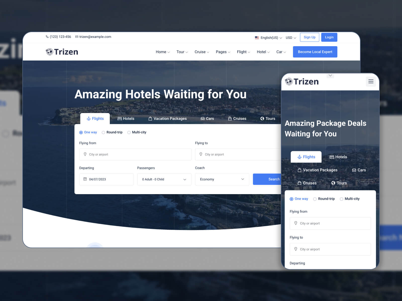 Collage of Trizen - customizable hotel reservation website template in white, darkgray, darkslategray, and black color scheme.
