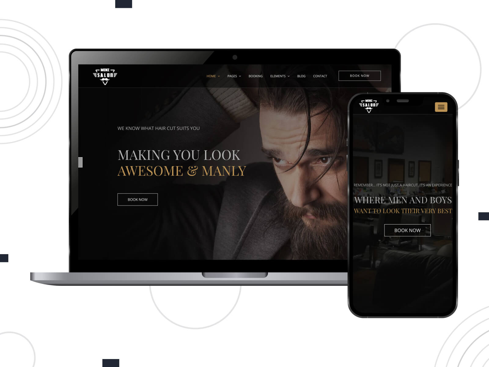 Collage of MenzSalon - dim, inviting, premium WordPress design for luxury hair salons in dim gray, peru, and sienna hues