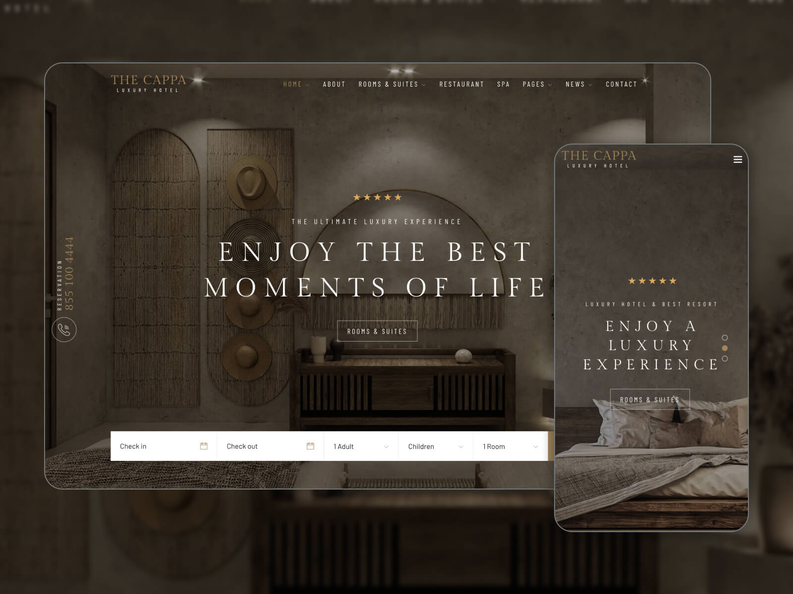 Snapshot of THE CAPPA - feature-packed WordPress theme for hotel booking businesses in dimgray, snow, darkslategray, and black color palette.