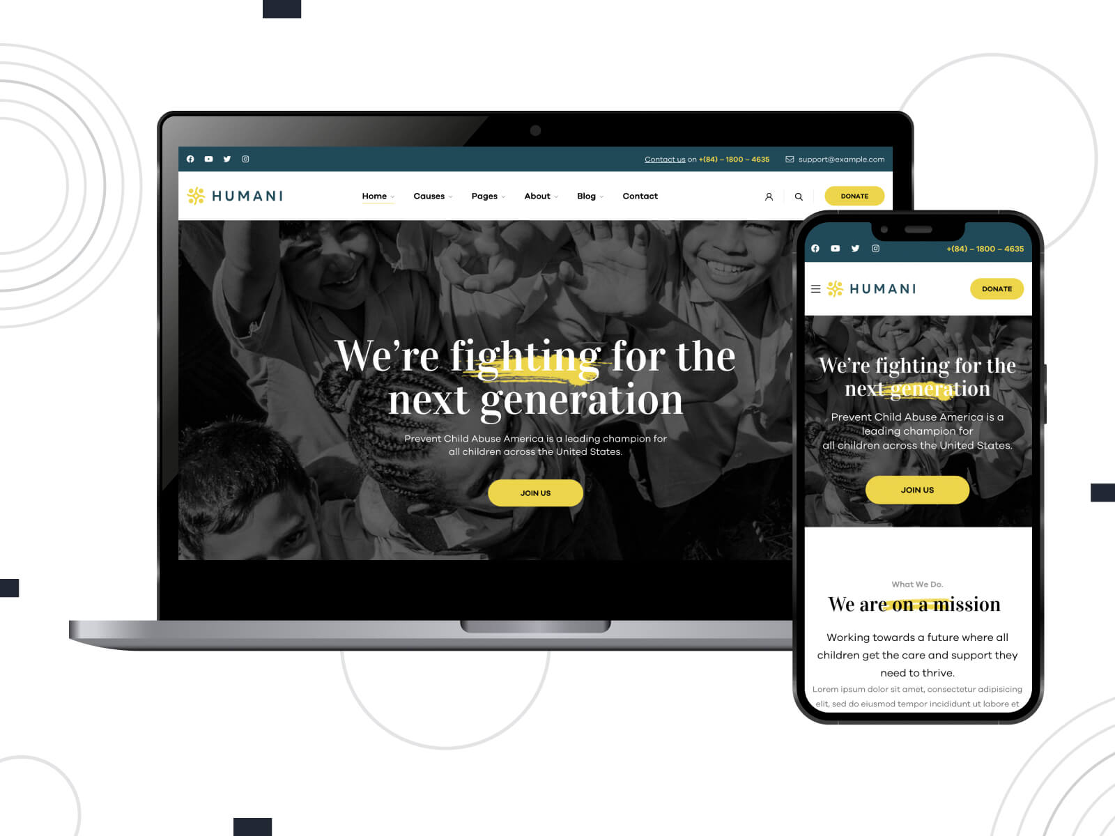 Illustration of Humani - dark, cool, elementor-compatible charity theme for WordPress in dark slate gray, sandy brown, and dim gray hues.